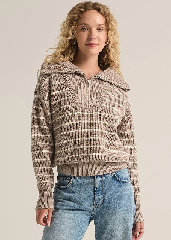 Boxy – Square, loose shapeVilla Half Zip Stripe Sweater - Heather Taupe