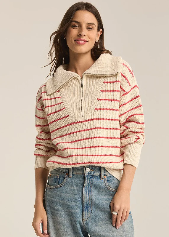 Fitted – Snug, form-fitting styleVilla Half Zip Stripe Sweater - Red Pepper