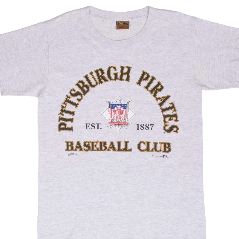 Banded hem – T-shirt with a stitched or elastic band at the bottomVINTAGE MLB PITTSBURGH PIRATES GREY TEE SHIRT 1993 MEDIUM MADE IN USA