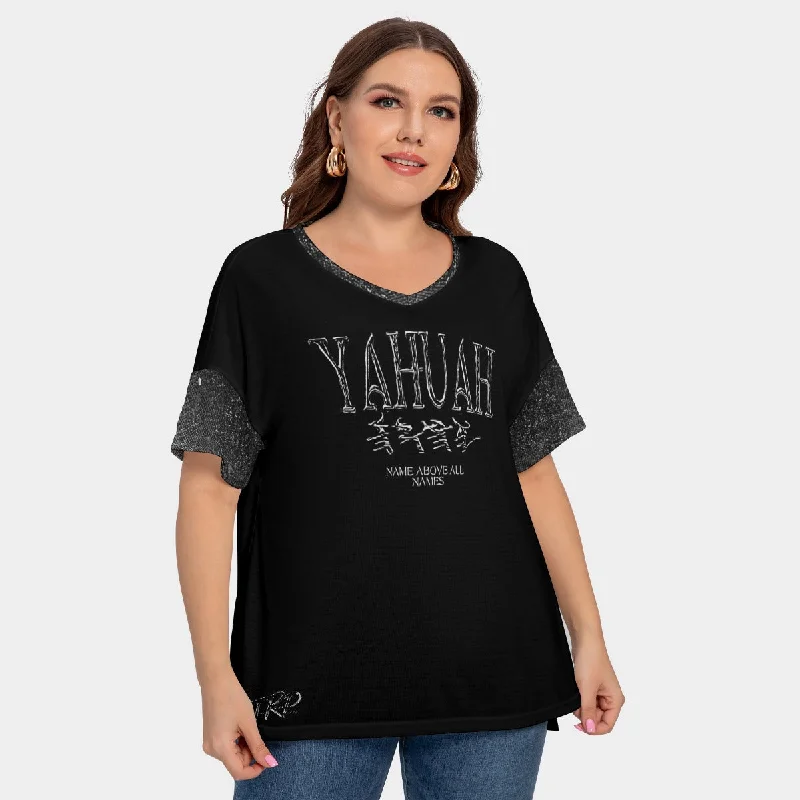 Ringer – T-shirt with contrasting colored trim around the neckline and sleevesYahuah-Name Above All Names 01-01 Ladies Designer Drop Shoulder V-neck Plus Size T-shirt with Sleeve Loops