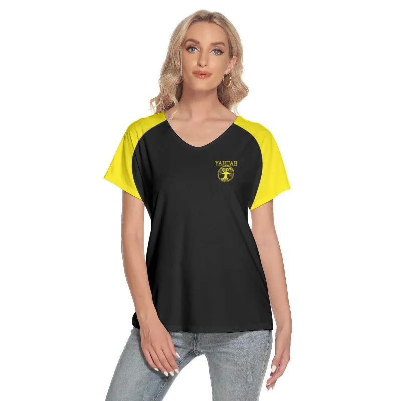 Raglan sleeve – Diagonal seam extending from the underarm to neckline, giving a sporty lookYahuah-Tree of Life 02-01 Ladies Designer V-neck Loose Fit T-shirt