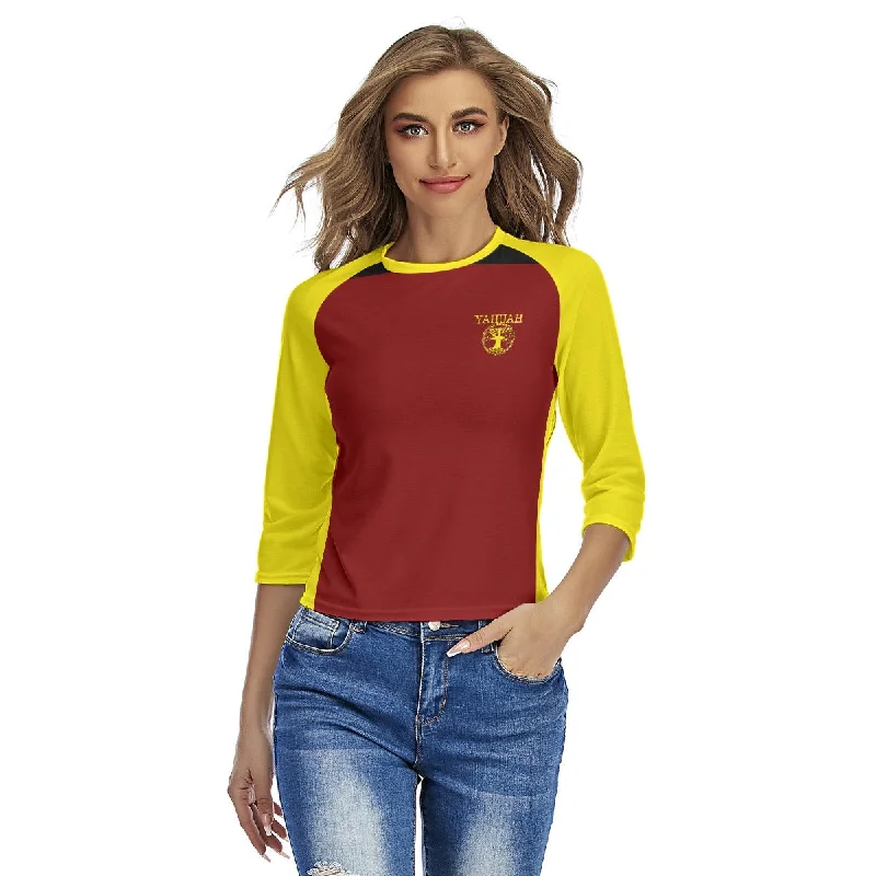 Ringer – T-shirt with contrasting colored trim around the neckline and sleevesYahuah-Tree of Life 02-01 Red Ladies Designer Slim Fit 3/4 Raglan Sleeve T-shirt