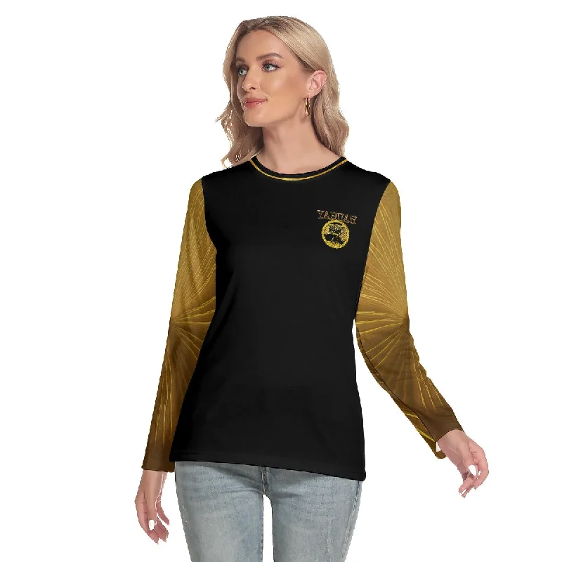 Asymmetrical – Uneven hem or design, adds a modern twistYahuah-Tree of Life 02-03 Voltage Ladies Designer Round Neck Long Sleeve T-shirt